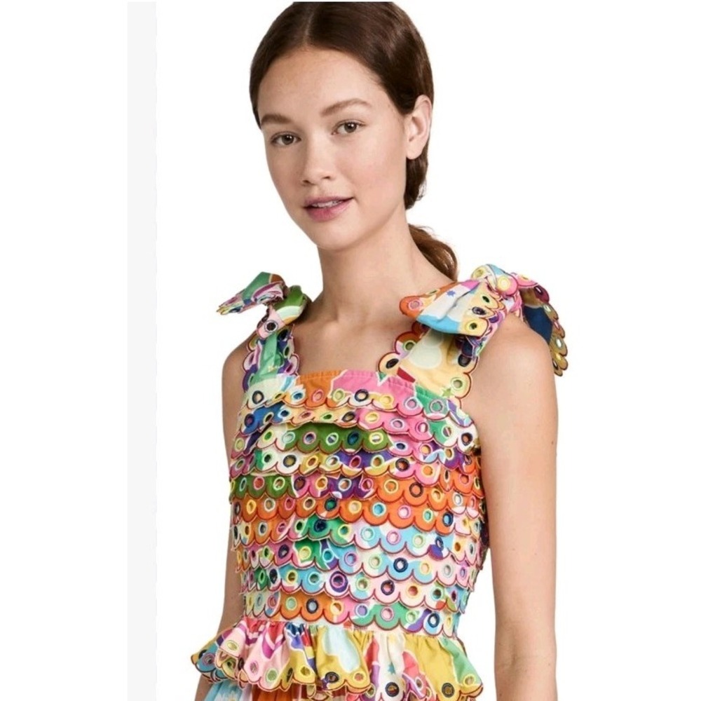 Celia Bernardo Maia Scalloped Crop Rainbow Palette Eyelet Embroidered Top M